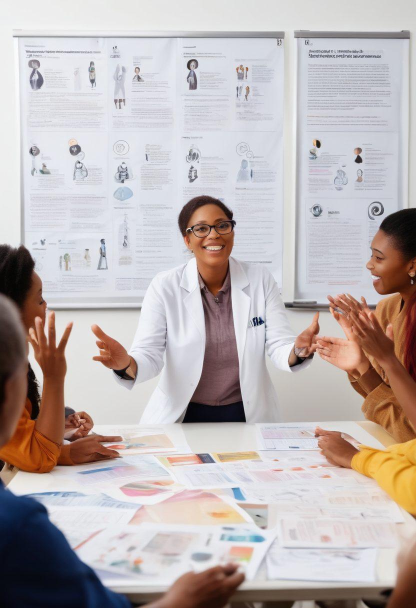 A diverse group of patients, engaged in a dynamic educational workshop, surrounded by informative posters and hands-on materials. Include an inspiring mentor figure guiding the discussion, with symbols of empowerment like light bulbs and raised hands in the background. The atmosphere is vibrant and positive, emphasizing community support and knowledge sharing. super-realistic. vibrant colors. white background.