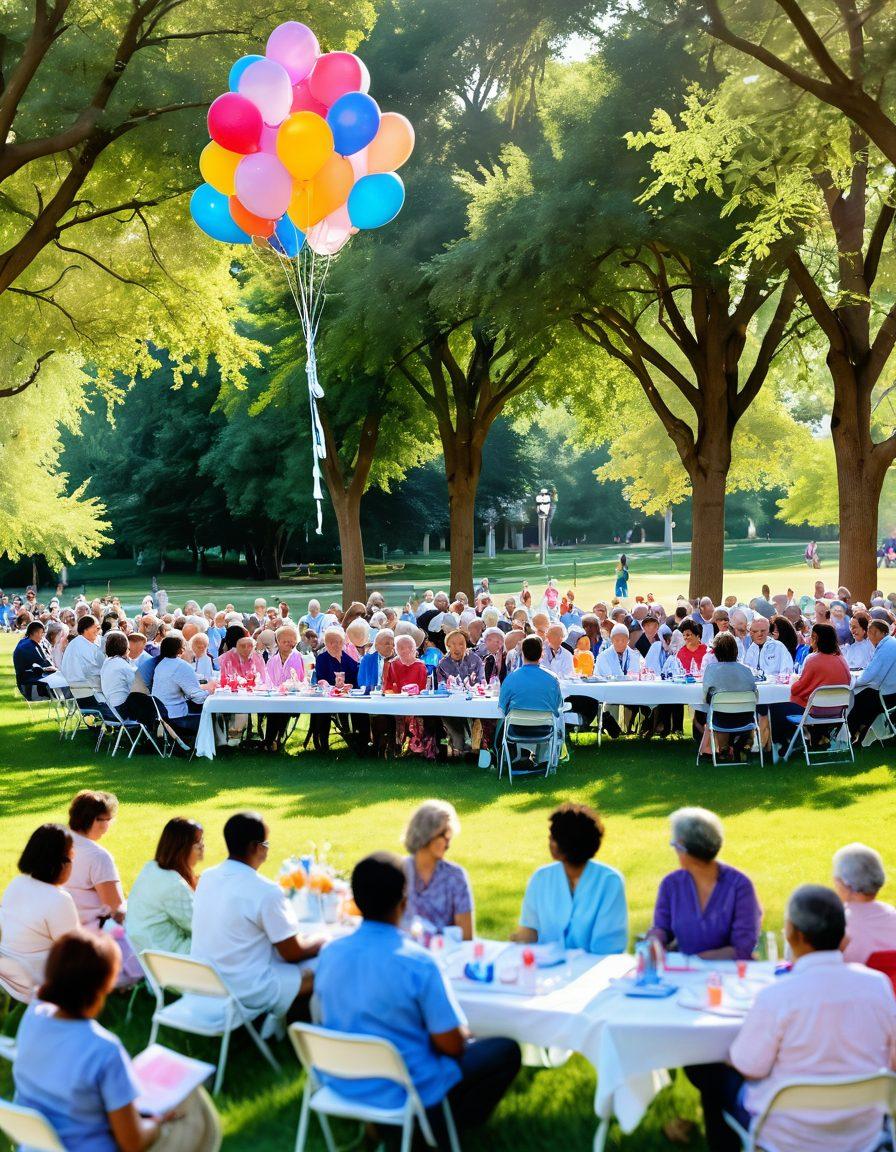 A serene community gathering in a sunlit park, where cancer survivors and healthcare professionals engage warmly. Include symbols of hope like blooming flowers and colorful balloons, showcasing a blend of support and medical innovation, represented by stethoscopes and research papers. The atmosphere should feel uplifting and positive, capturing human connection and resilience. soft focus. vibrant colors. watercolor style.