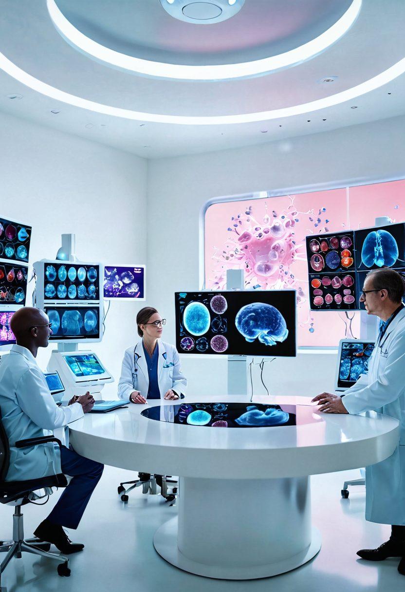 A futuristic oncology clinic showcasing advanced medical equipment and innovative treatment methods. Include a diverse group of doctors discussing over a holographic display of cancer cells and treatment plans. Emphasize bright, hopeful colors to convey transformation in healthcare. Super-realistic. Vibrant colors. White background.